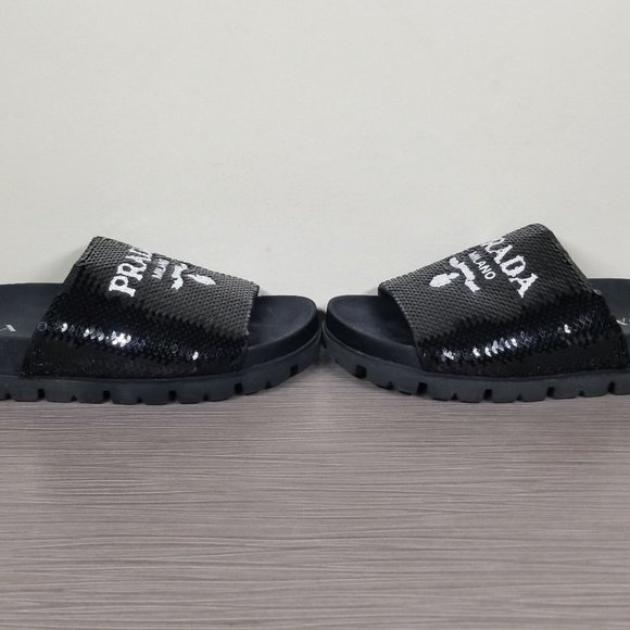 PRADA Logo Sequin Slide Sandal, Black, Womens Size 7.5US / 37.5EU - Picture 7 of 11